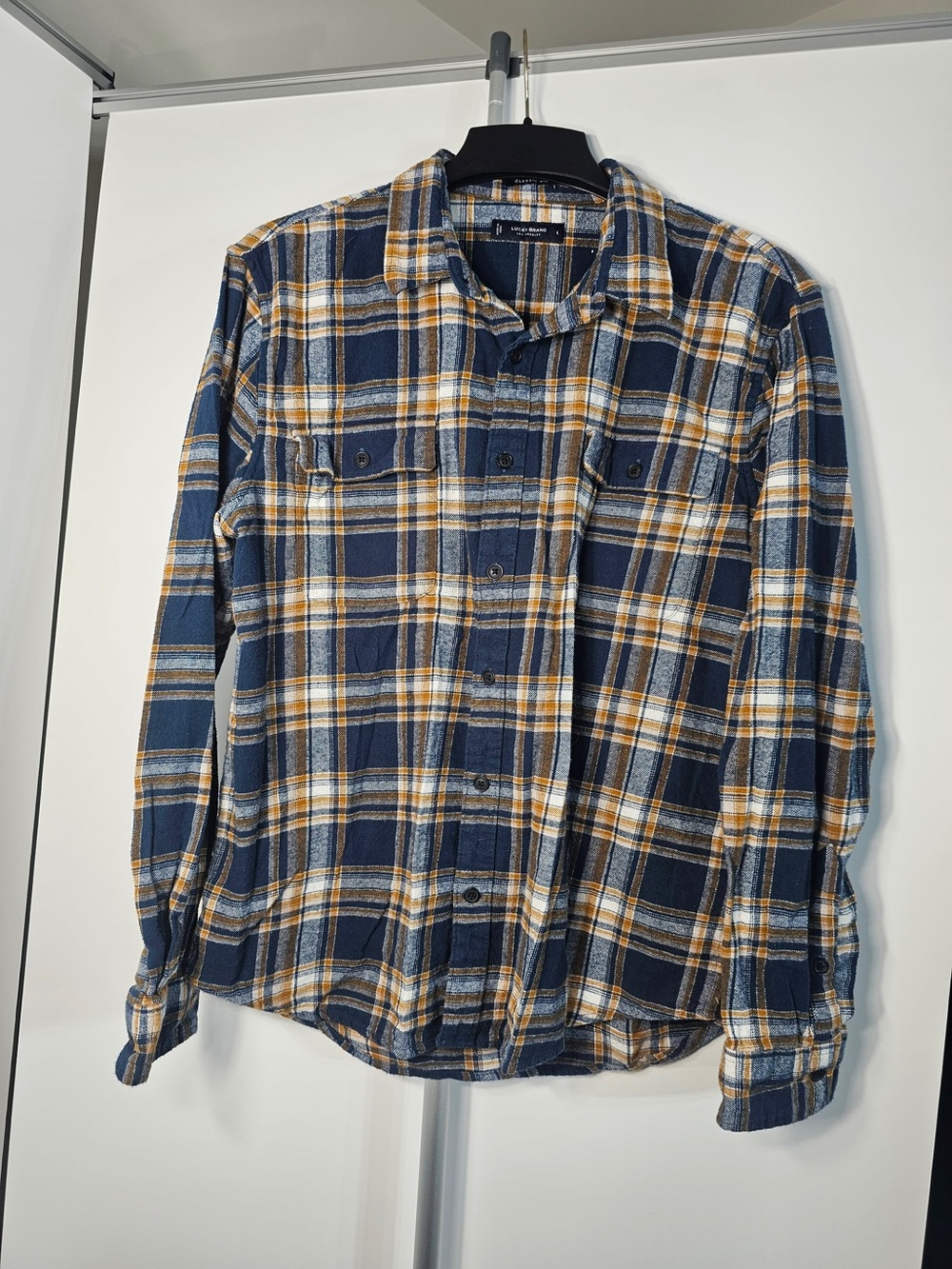 #283 Lucky Brand Classic Fit Plaid Flannel Shirt Men’s Large | Navy Mustard